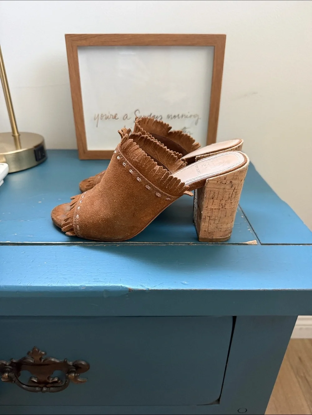 Tory Burch Chestnut Suede Fringe Slide Sandals